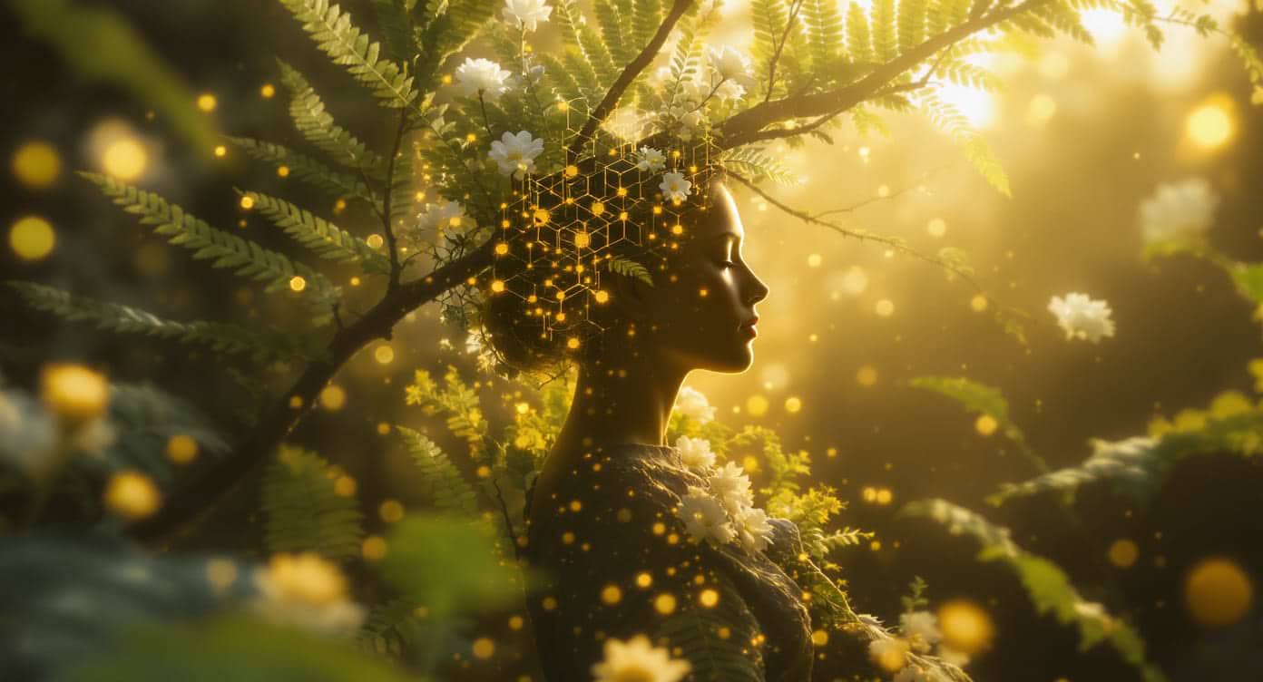 Silhouette humaine entourée de plantes et molécules symbolisant la régulation du stress par les adaptogènes.