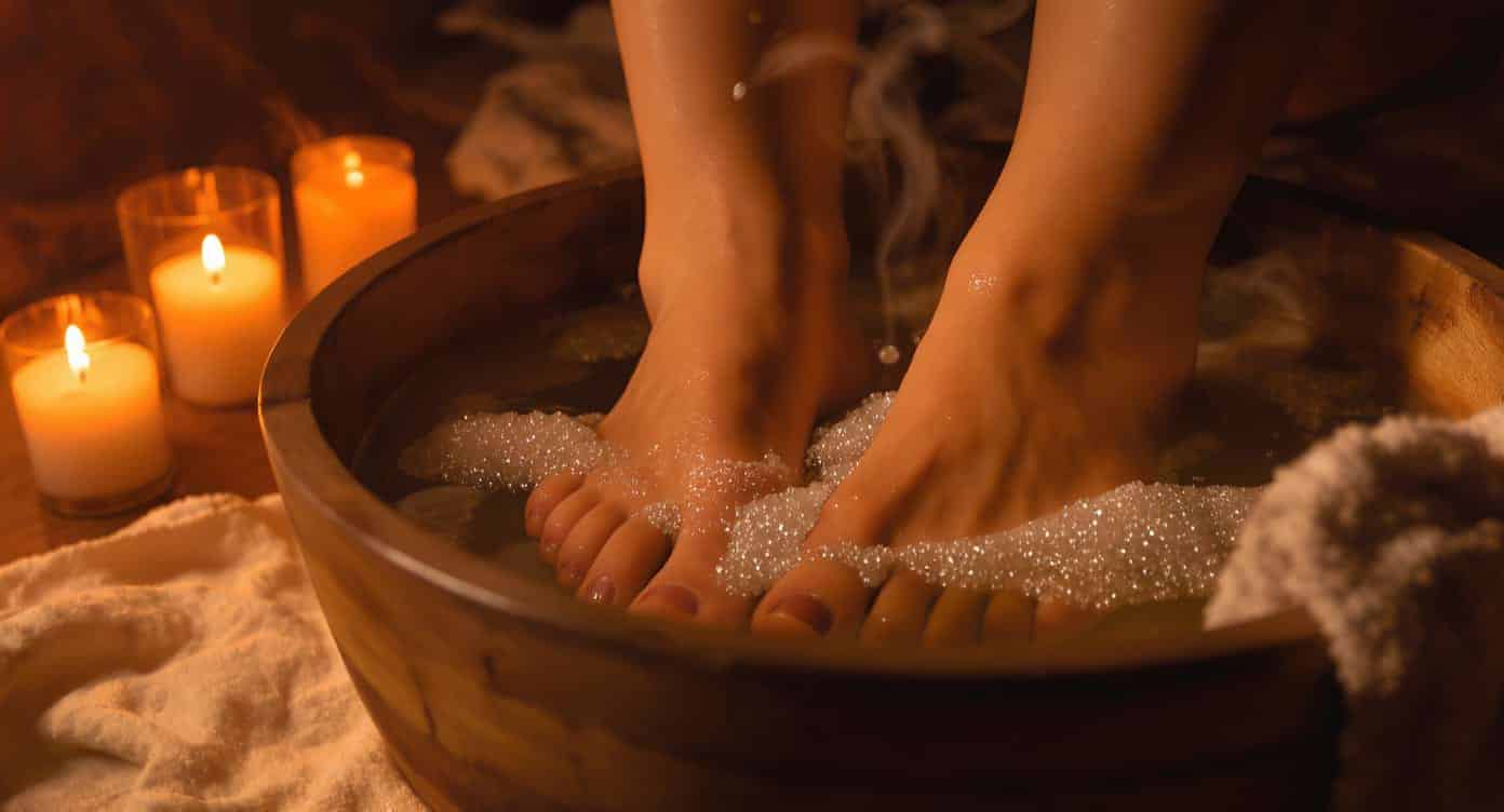 Bain de pieds relaxant au chlorure de magnésium dans une bassine en bois, ambiance douce.