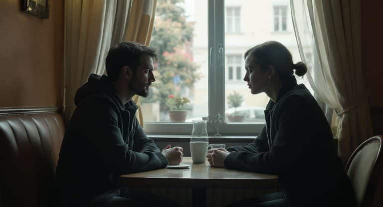 Couple assis dans un café, regard silencieux marqué par la tension émotionnelle.