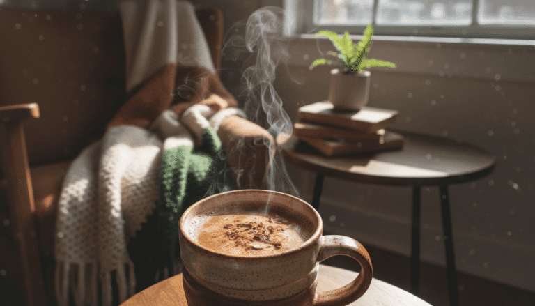 Tasse de boisson chaude aux épices posée sur une table, dans un salon lumineux avec un plaid et des livres en arrière-plan.