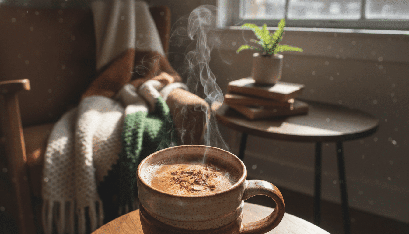 Tasse de boisson chaude aux épices posée sur une table, dans un salon lumineux avec un plaid et des livres en arrière-plan.