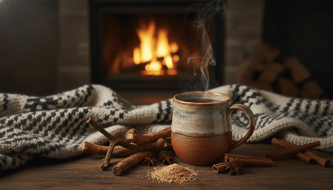 boisson-epices-hiver-chaleur-chicoree Tasse fumante posée devant une cheminée, entourée de cannelle, anis étoilé et gingembre, ambiance chaleureuse d’hiver.