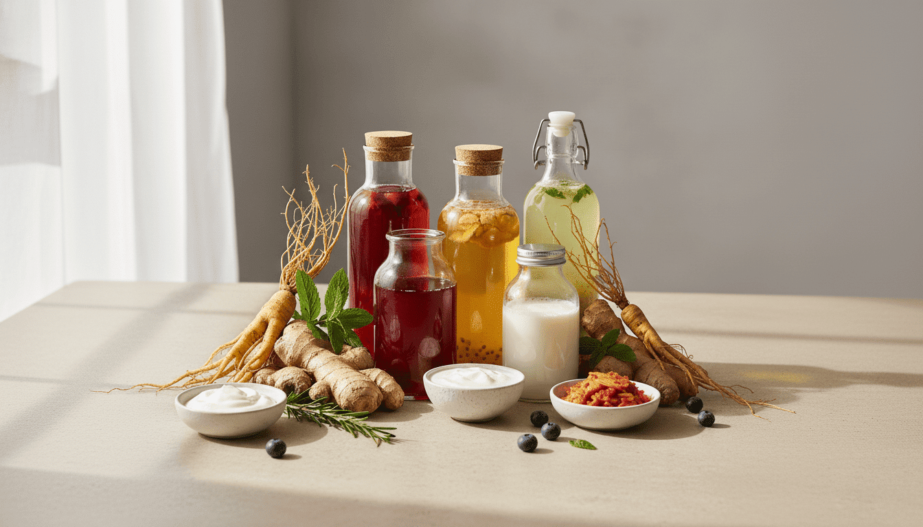 boissons-adaptogenes-probiotiques-ensemble Assortiment de boissons adaptogènes et probiotiques dans des bouteilles en verre, entouré de gingembre, ginseng, yaourt, kimchi et myrtilles.