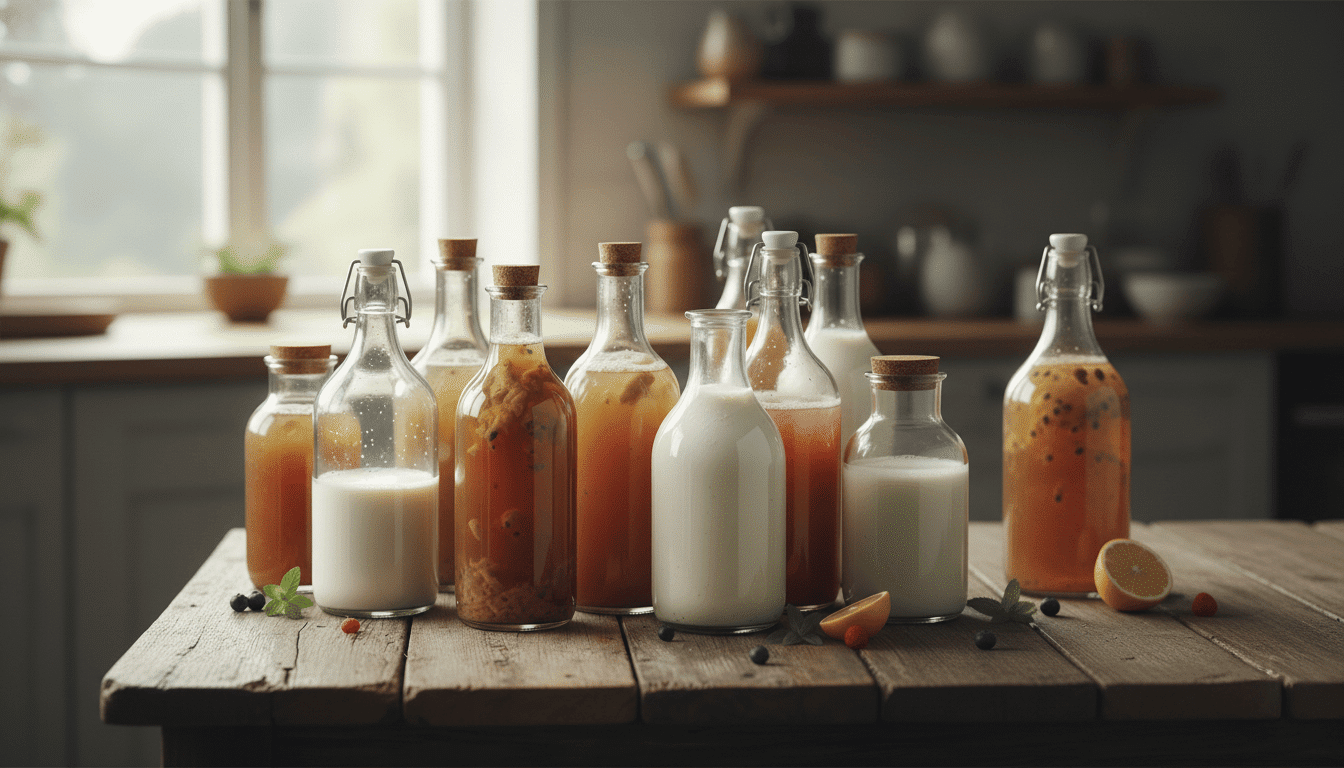 boissons-fermentees-kefir-kombucha Bouteilles de kombucha, kéfir et boissons fermentées disposées sur une table en bois, avec des fruits et herbes autour.