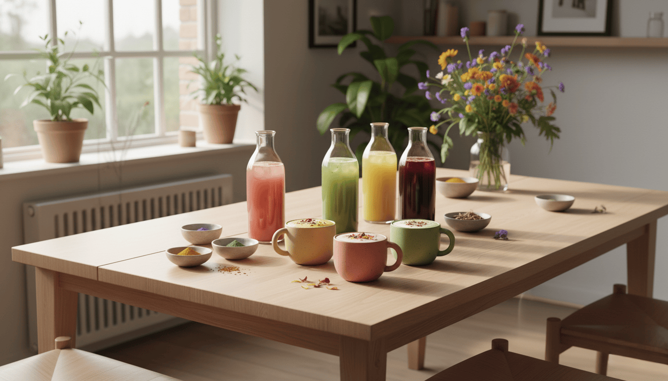 boissons-fonctionnelles-lattes-adaptogenes Table en bois avec des lattes adaptogènes colorés et des bouteilles de boissons naturelles, entourée de bols de poudres végétales et de plantes.