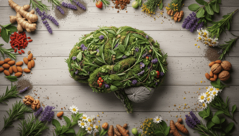 Cerveau composé de plantes et d’ingrédients naturels, entouré d’herbes, noix et baies sur une table en bois.