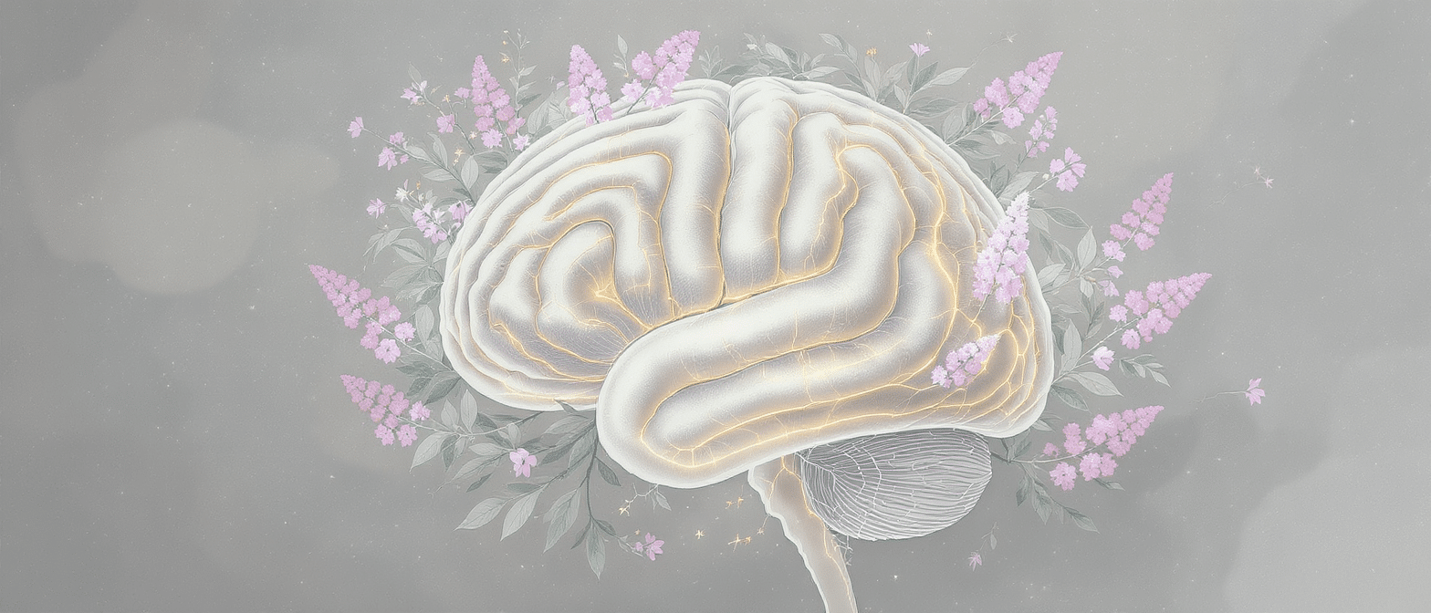 Illustration d’un cerveau stylisé entouré de fleurs violettes évoquant les plantes adaptogènes.