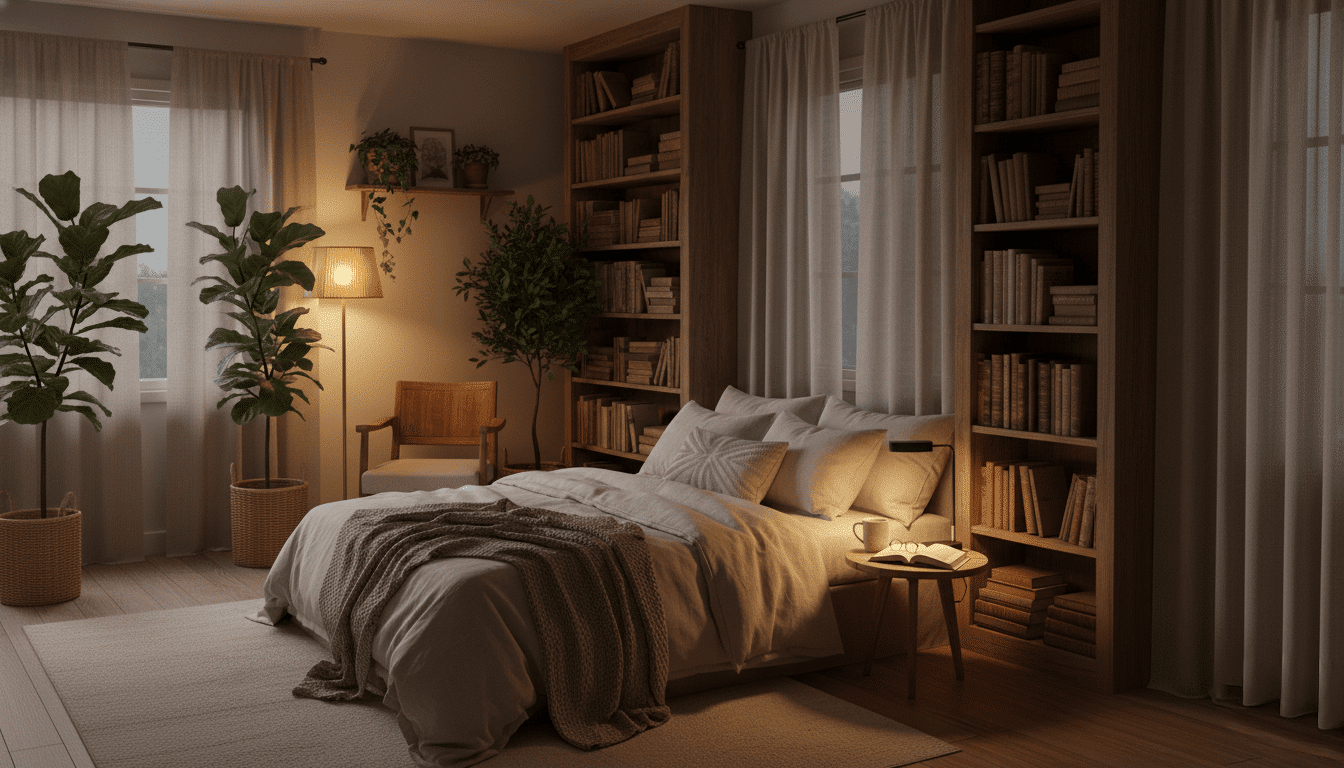 Chambre chaleureuse en soirée, avec lit confortable, éclairage doux et étagères remplies de livres.