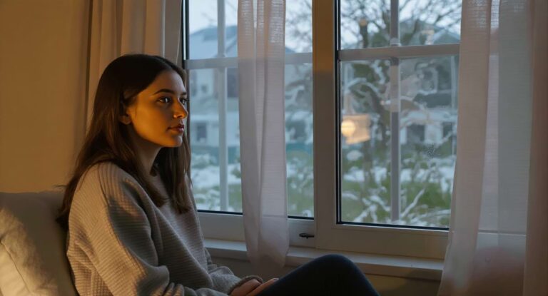 Femme assise près d’une fenêtre au crépuscule, dans une ambiance douce et apaisée.