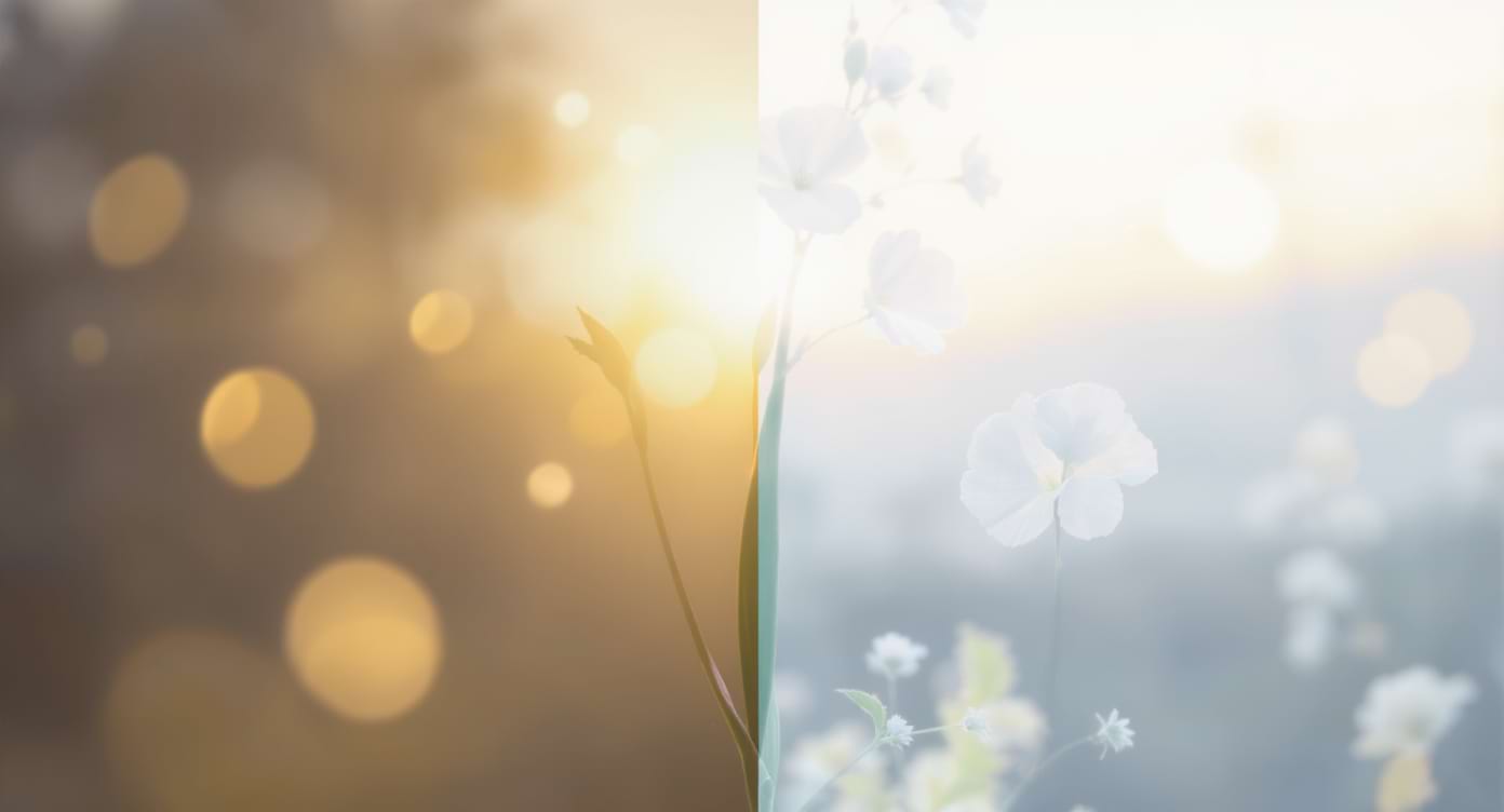 Ambiance visuelle contrastée entre détente du soir et énergie du matin pour représenter les effets des adaptogènes.