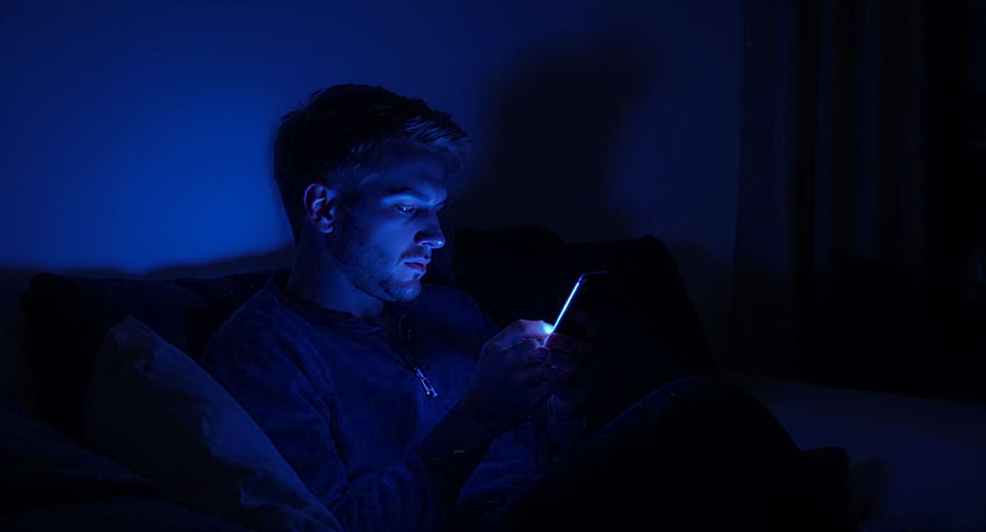 Personne exposée à un écran et à une lumière froide le soir.