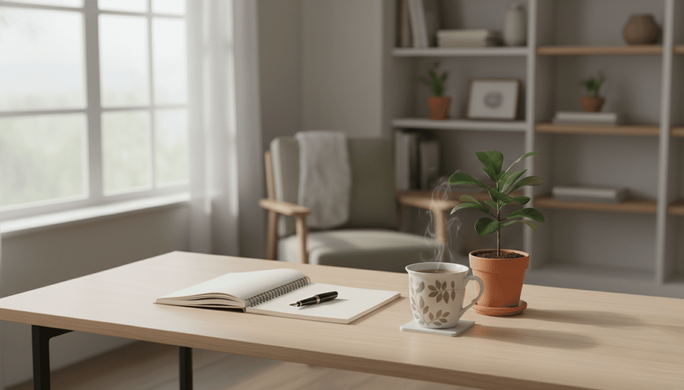 espace-travail-minimaliste-the-notes Bureau minimaliste avec carnet ouvert, stylo, mug de thé fumant et plante en pot près d’une fenêtre lumineuse.