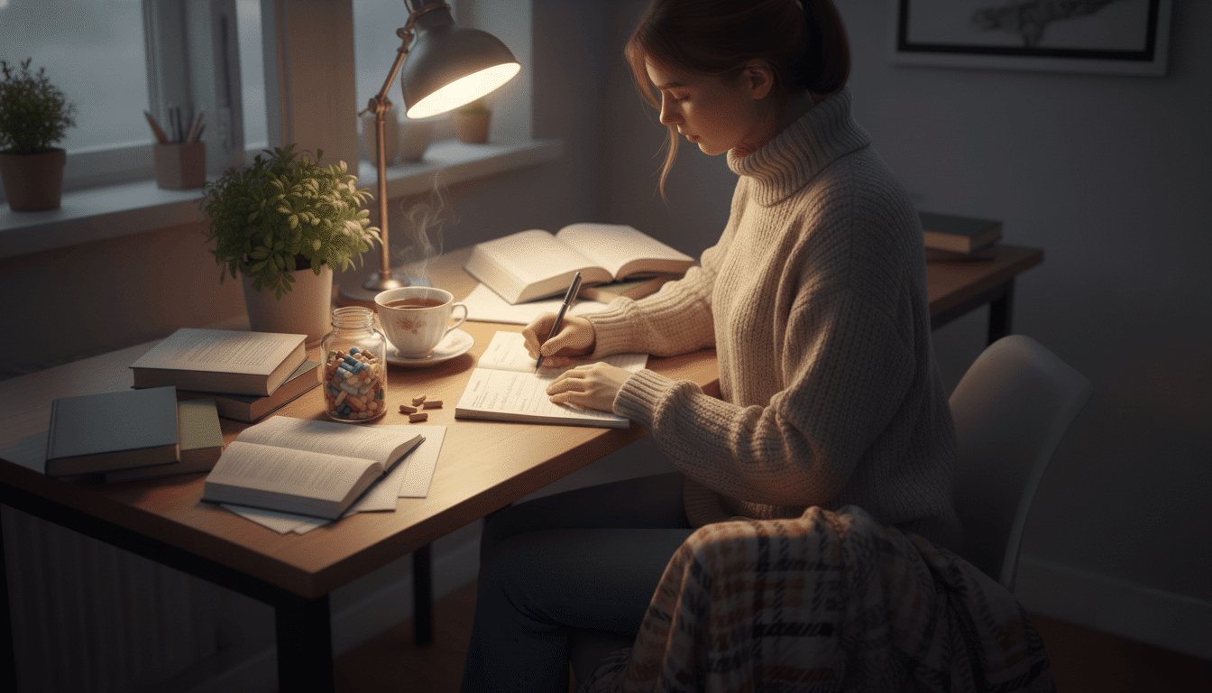 etudiante-soiree-revisions-nootropiques Jeune femme en pull écru étudiant le soir à son bureau éclairé, entourée de livres, d’une tasse de thé et d’un bocal de gélules colorées.
