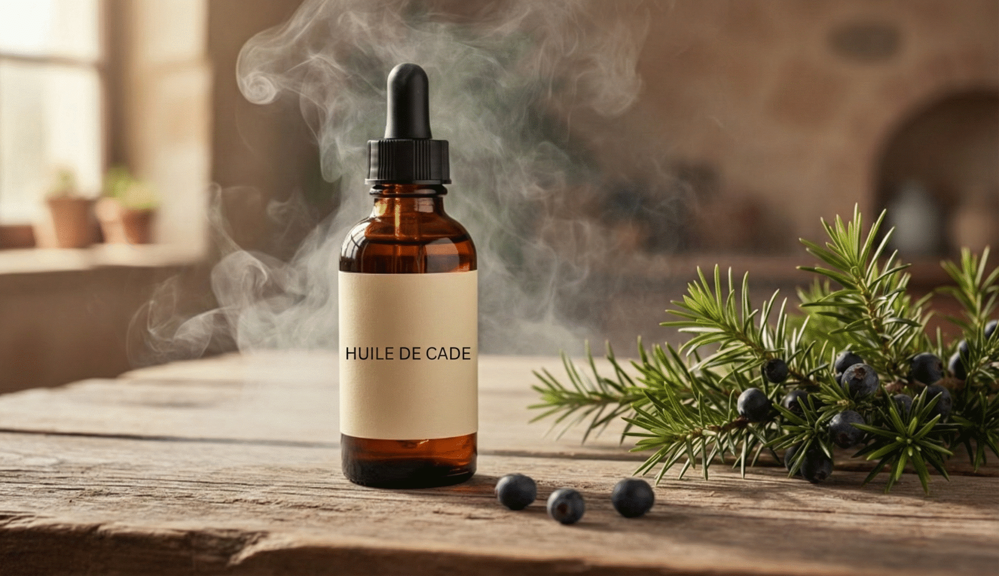 Flacon ambré d’huile de cade posé sur une table en bois avec des rameaux de genévrier et des baies.