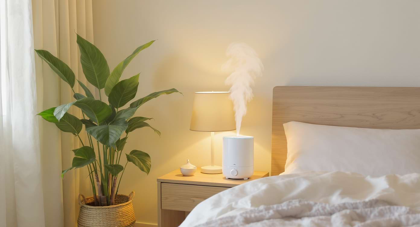 Humidificateur diffusant une brume légère dans une chambre au style épuré et naturel.
