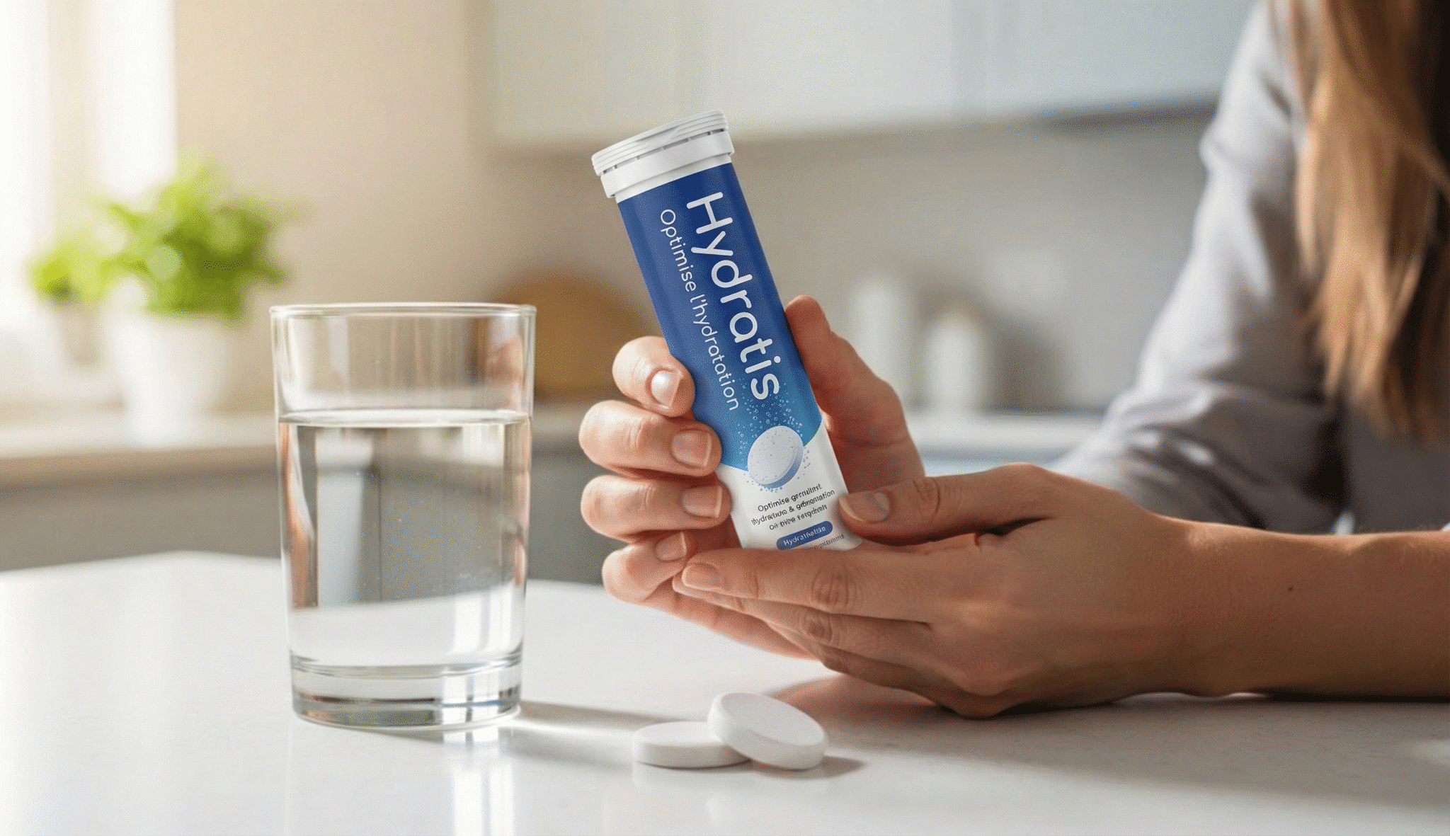 hydratis-pastilles-hydratation-verre-eau. Main tenant un tube de pastilles Hydratis devant un verre d’eau sur une table.