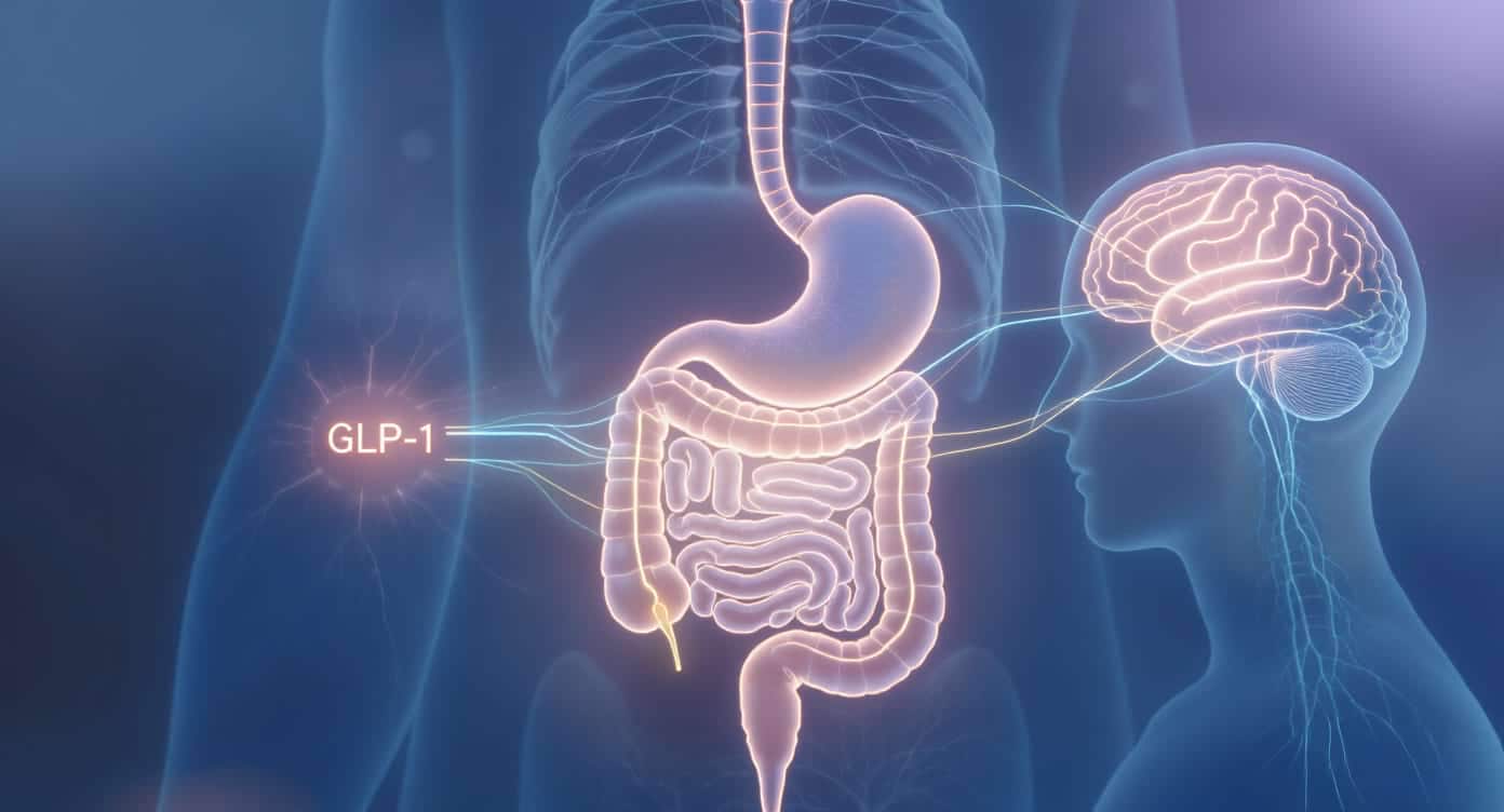 Illustration médicale 3D du trajet hormonal GLP-1 entre l’intestin et le cerveau.