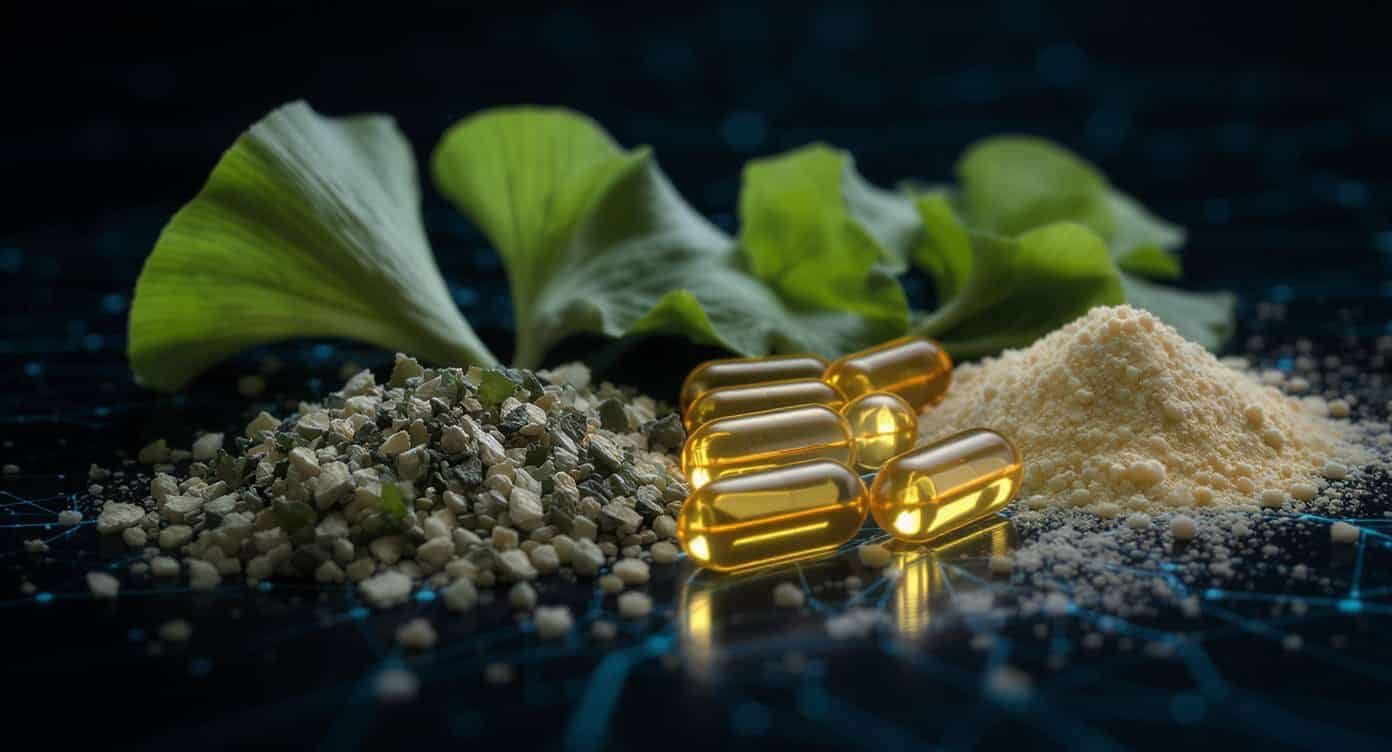 illustration-nootropiques-naturels Nootropiques naturels présentés avec ginkgo, bacopa et capsules sur un fond sombre scientifique.