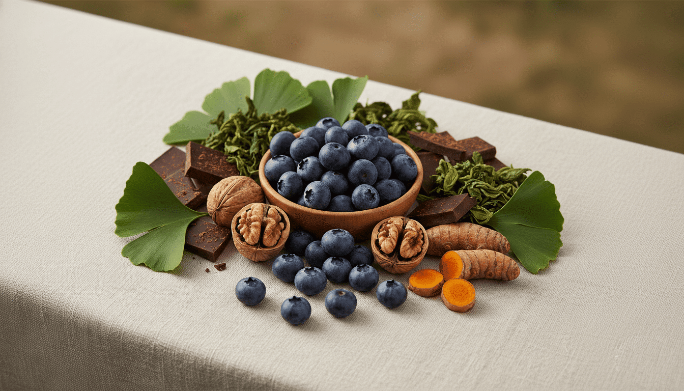 ingredients-memoire-myrtille-ginkgo Bol de myrtilles entouré de noix, curcuma, chocolat noir, feuilles de ginkgo et thé vert sur une nappe claire.