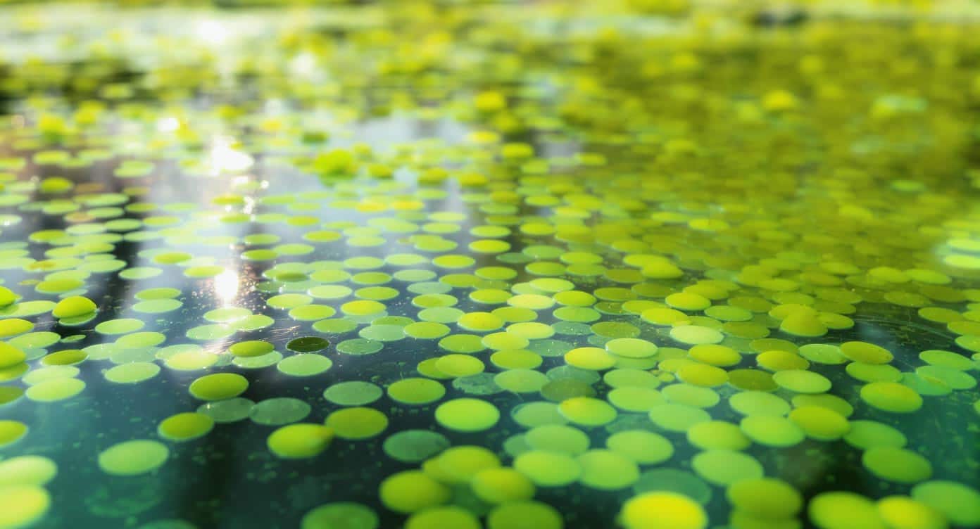 Gros plan sur des lentilles d’eau vertes flottant à la surface de l’eau.