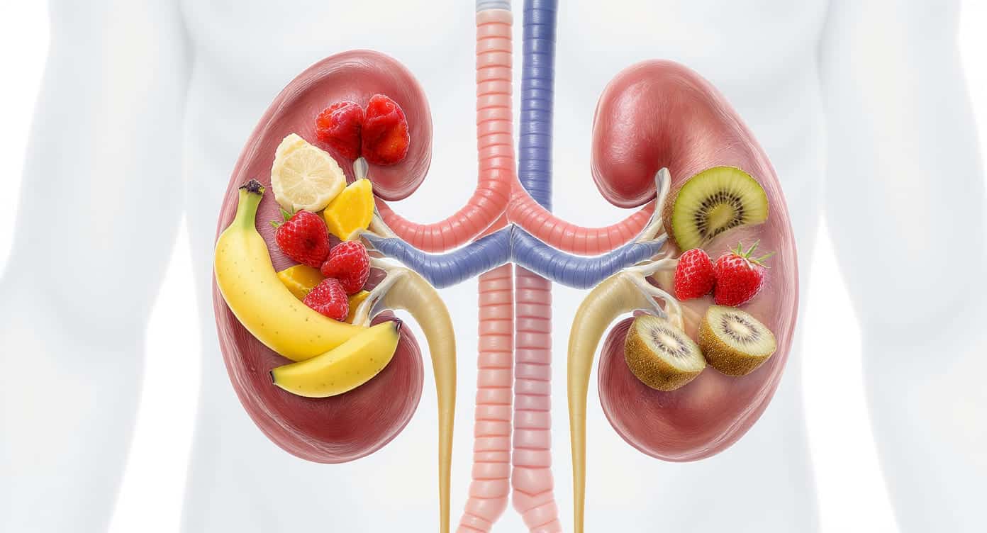 Illustration des reins avec des fruits riches en potassium en contexte nutritionnel.