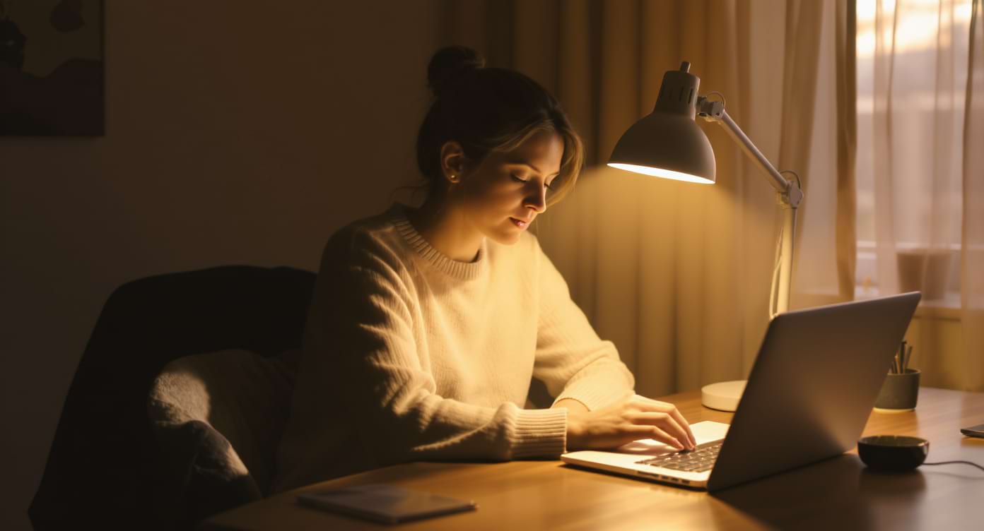 Personne assise à un bureau utilisant une lampe de luminothérapie le matin.