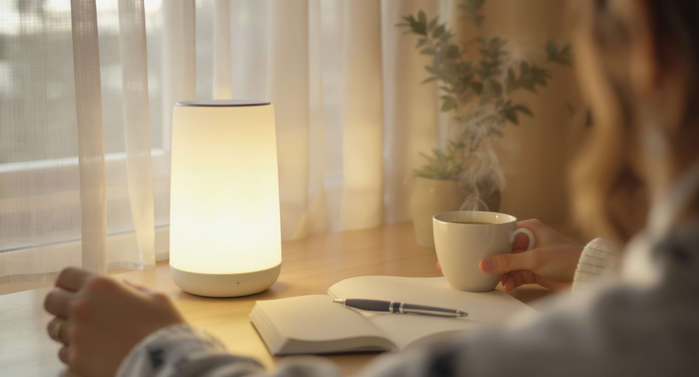 luminotherapie-matin-bureau-hiver Lampe de luminothérapie utilisée le matin sur un bureau en hiver.