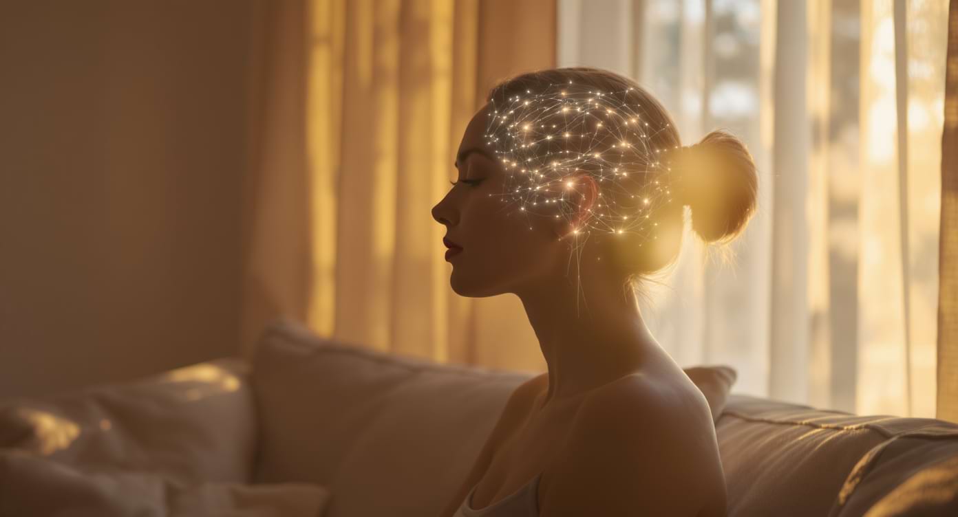 magnesium-anxiete-illustration-nootralis Illustration montrant une femme apaisée avec schémas minimalistes du système nerveux et du magnésium.