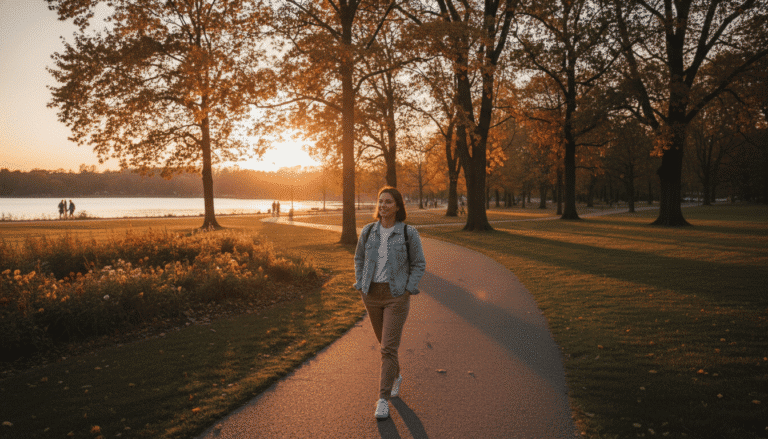 Femme marchant dans un parc au coucher du soleil, entourée d’arbres d’automne et d’un chemin sinueux.