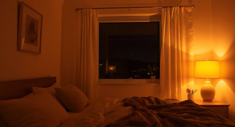 Chambre chaleureuse et bien éclairée avec la nuit visible à l’extérieur.