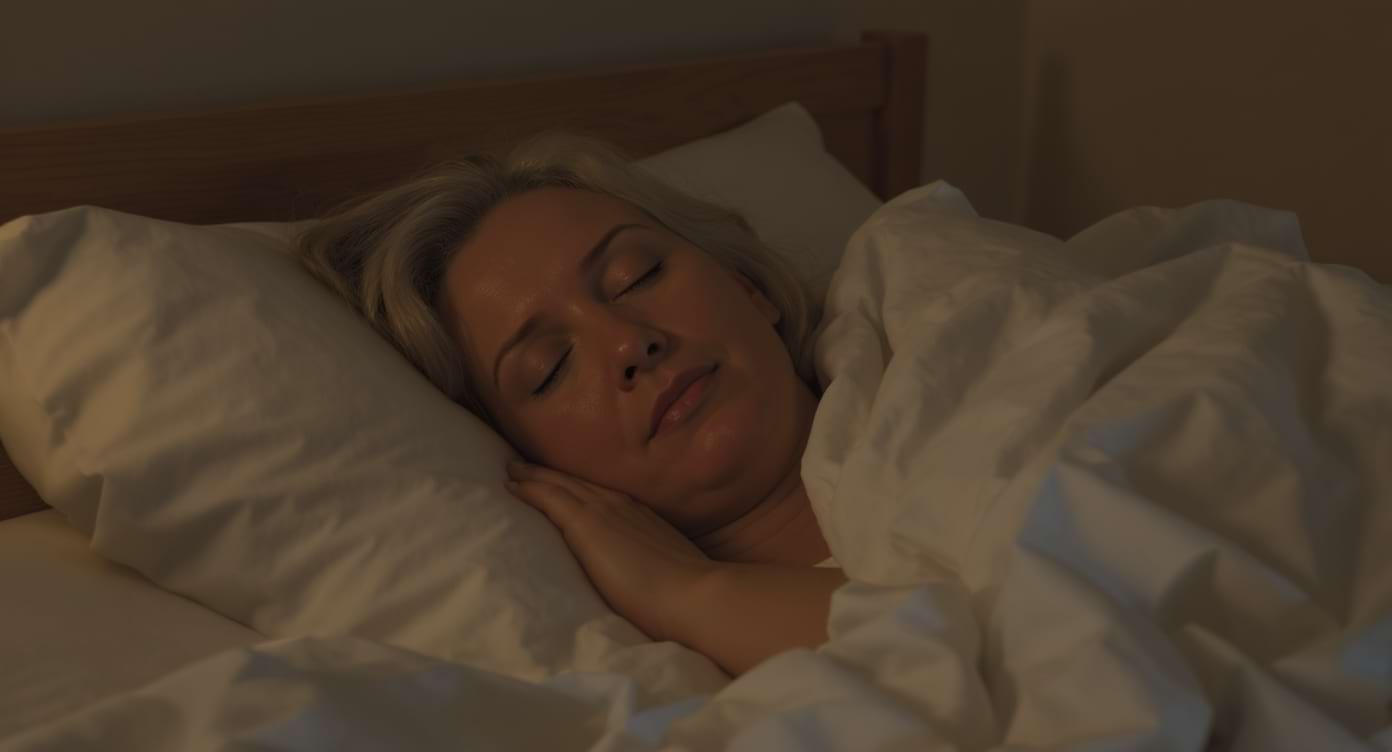 Femme d’une cinquantaine d’années se réveillant la nuit dans une chambre éclairée doucement.