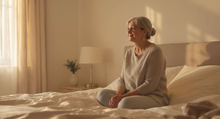 Femme de 50 ans assise sur son lit au petit matin, éclairée par une lumière douce.