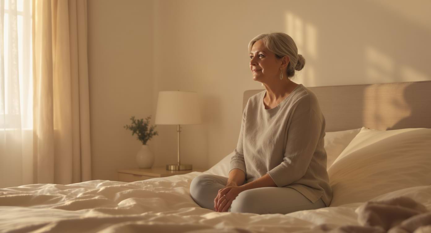 Femme de 50 ans assise sur son lit au petit matin, éclairée par une lumière douce.