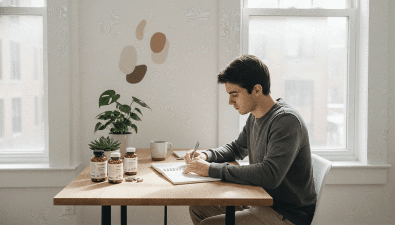 Jeune homme concentré, assis à un bureau lumineux, écrivant dans un carnet avec plusieurs compléments alimentaires naturels posés devant lui.