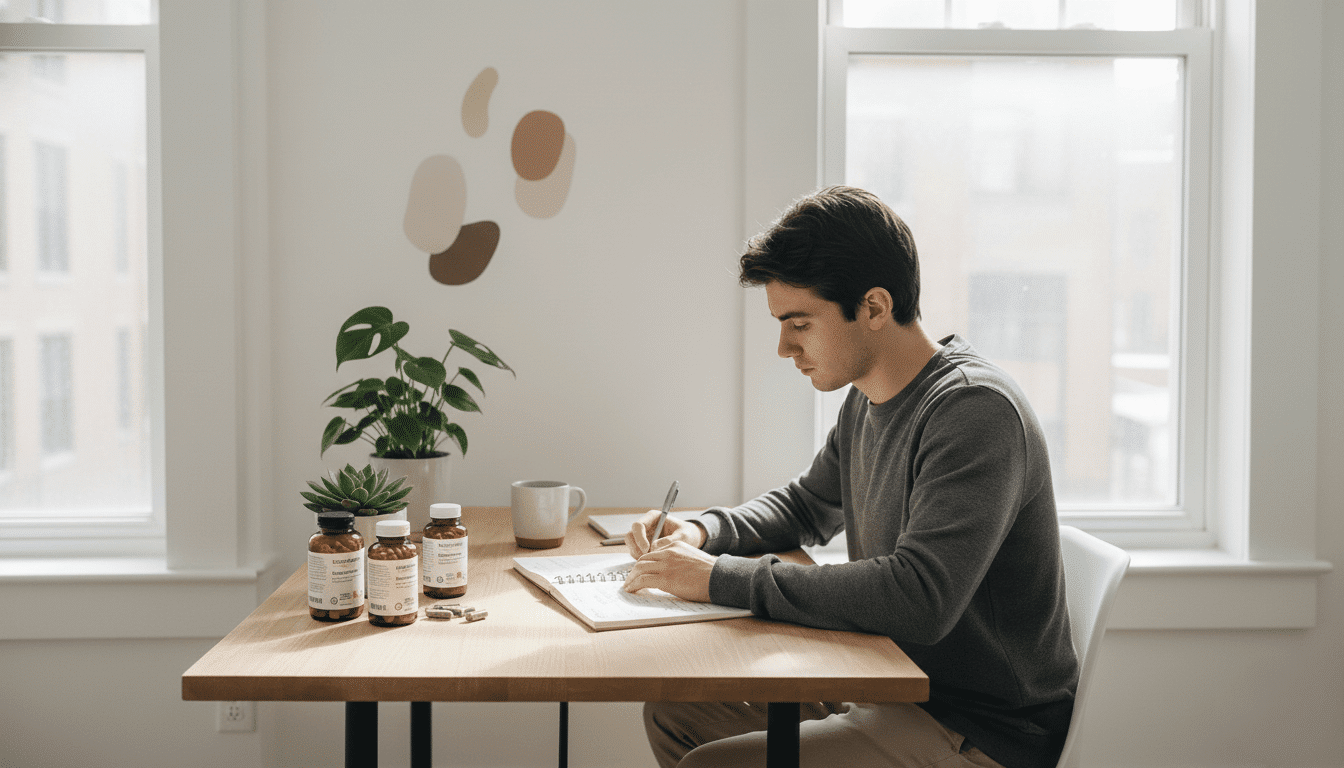 Jeune homme concentré, assis à un bureau lumineux, écrivant dans un carnet avec plusieurs compléments alimentaires naturels posés devant lui.