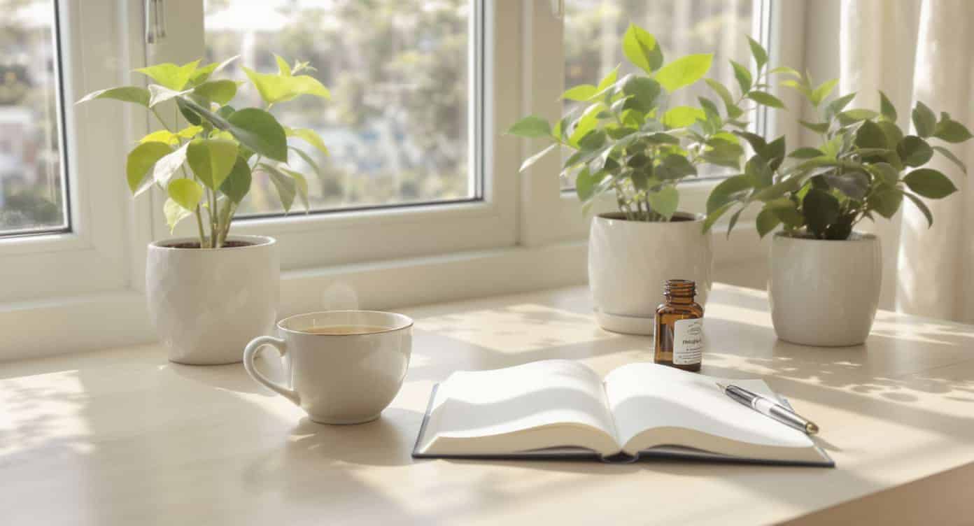 nootropiques-routine-holistique Bureau épuré avec plantes, thé et compléments naturels