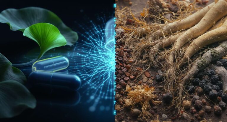 Illustration comparative entre nootropiques et adaptogènes, avec capsules et ginkgo à gauche et racines d’adaptogènes à droite.