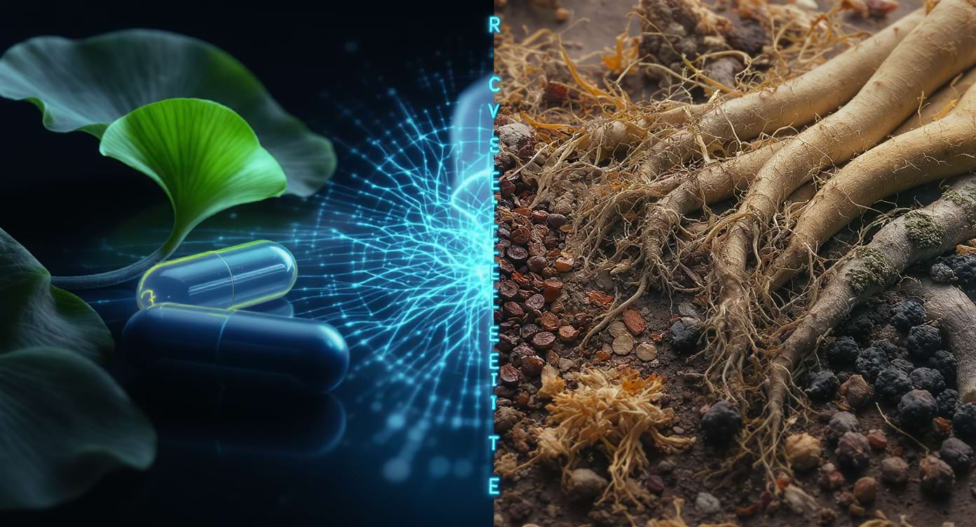 Illustration comparative entre nootropiques et adaptogènes, avec capsules et ginkgo à gauche et racines d’adaptogènes à droite.