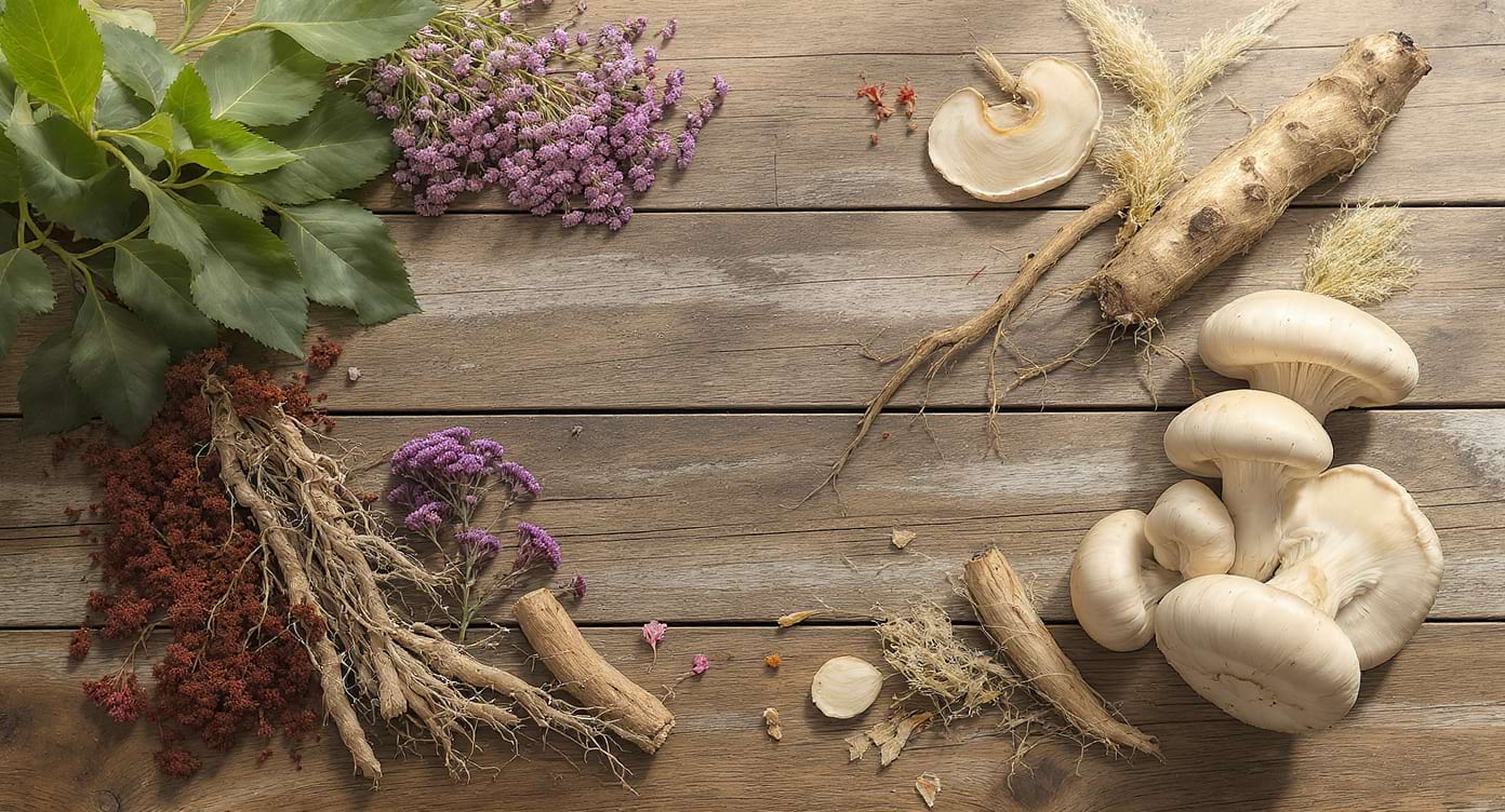 Plantes et champignons adaptogènes comme l’ashwagandha, la rhodiola, le ginseng et le reishi sur une table en bois.