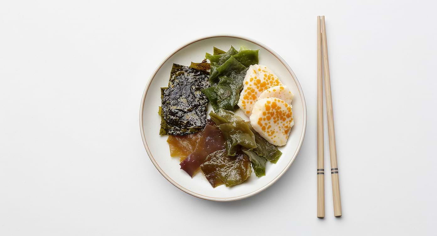 Bol de soupe miso avec algues et poudre de lentilles d’eau sur une table en bois.