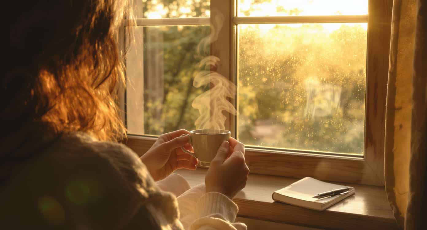 Personne assise près d’une fenêtre, tasse de thé à la main, atmosphère calme et lumineuse.