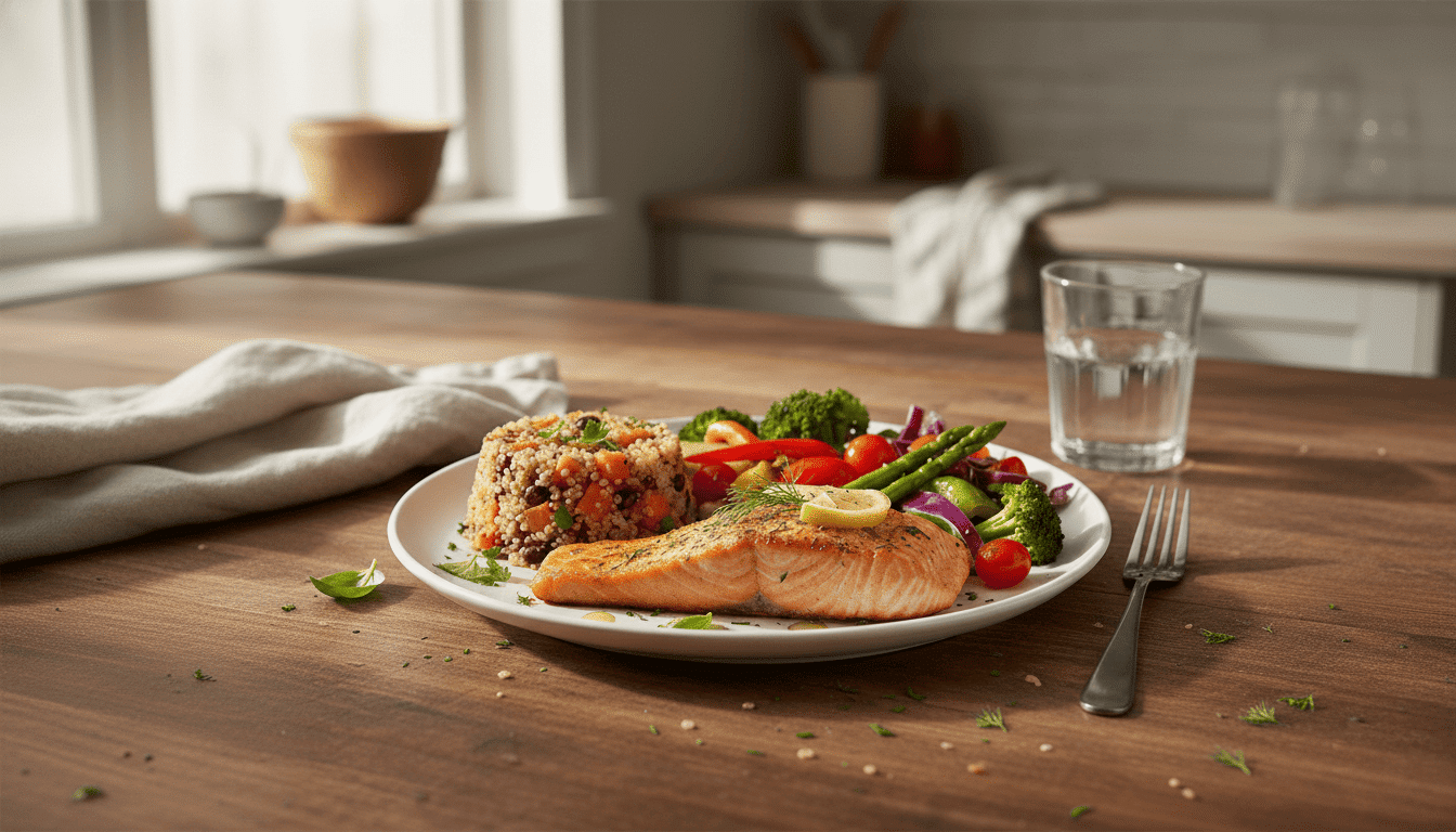 Assiette de saumon avec légumes colorés et quinoa, posée sur une table en bois dans une cuisine lumineuse.