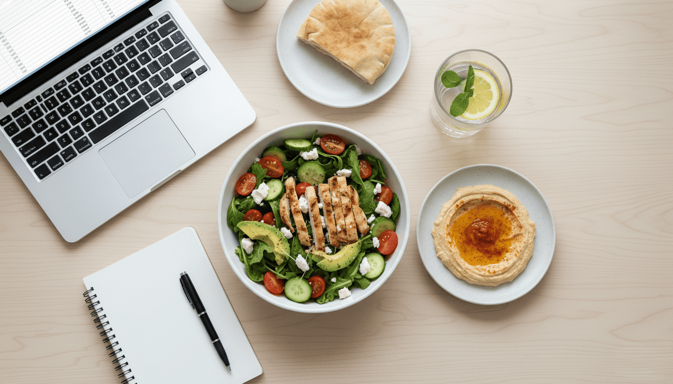 repas-equilibre-bureau Repas équilibré posé sur un bureau avec salade, pain pita, houmous, boisson citron-menthe, ordinateur portable et carnet.