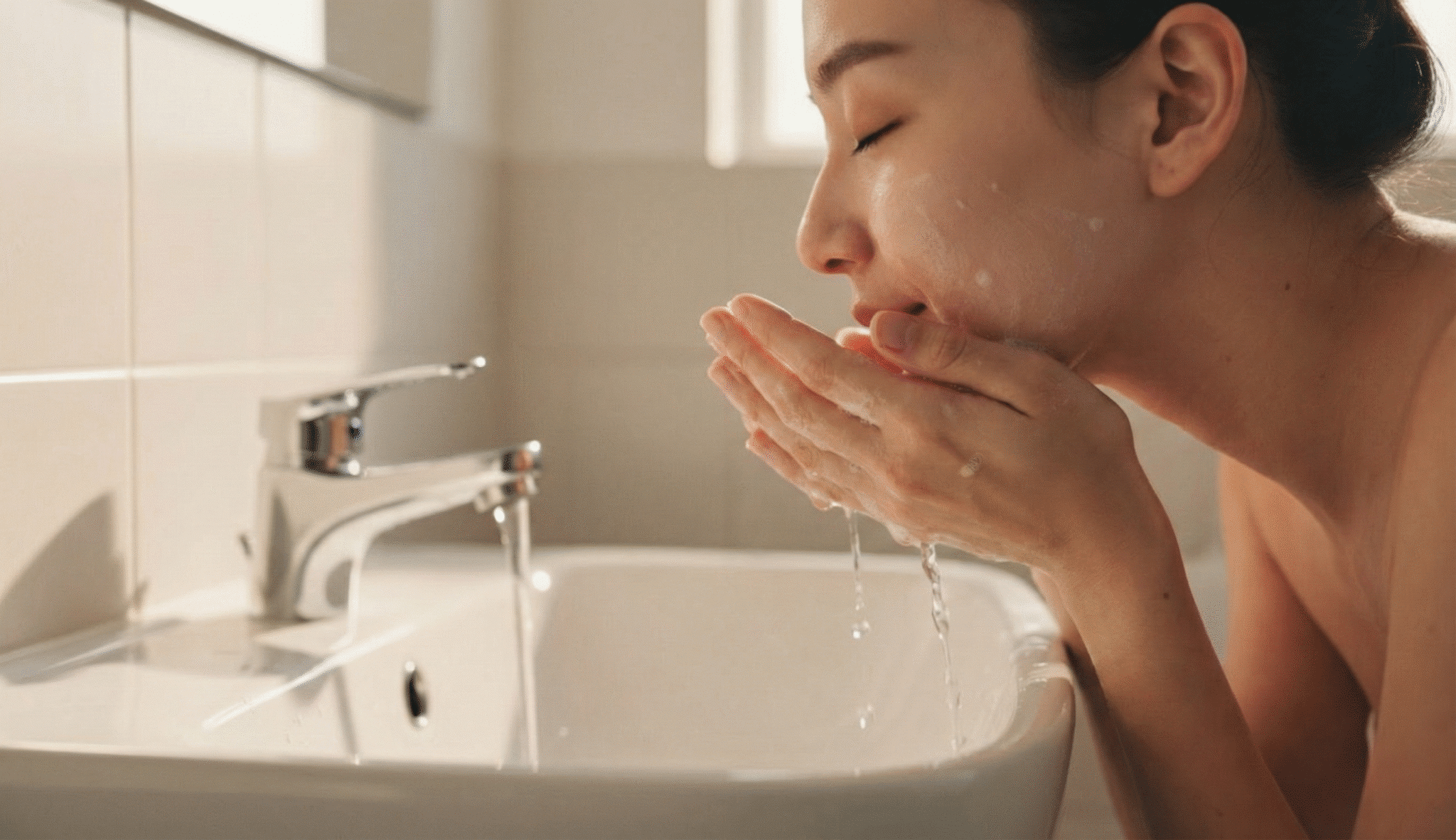 rituel-eau-fraiche-visage Femme se rinçant le visage à l’eau claire au-dessus d’un lavabo, en pleine routine de soin.