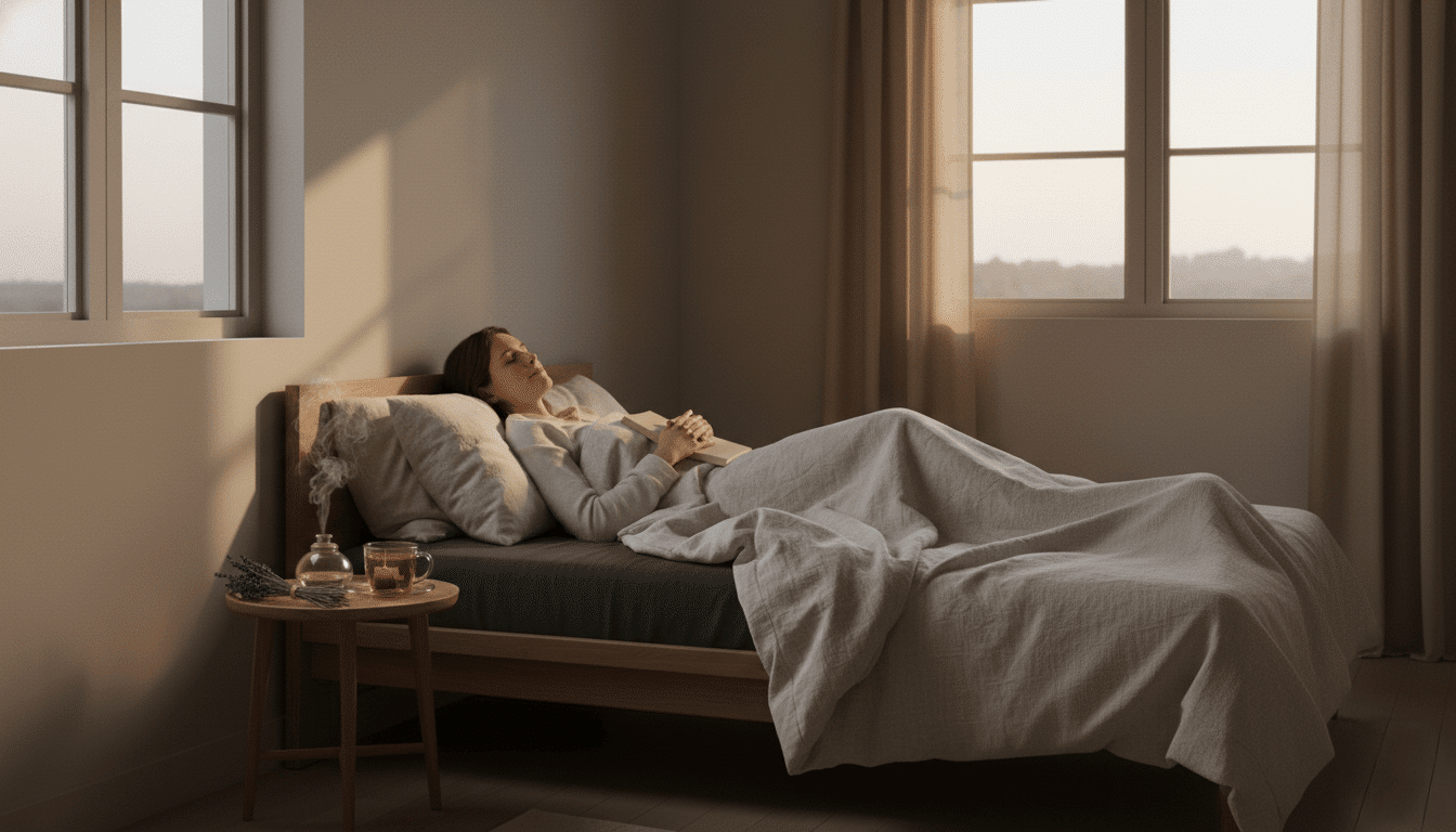 Femme allongée dans un lit au coucher du soleil, dans une chambre calme et lumineuse, tenant un livre et entourée d’une ambiance apaisante.