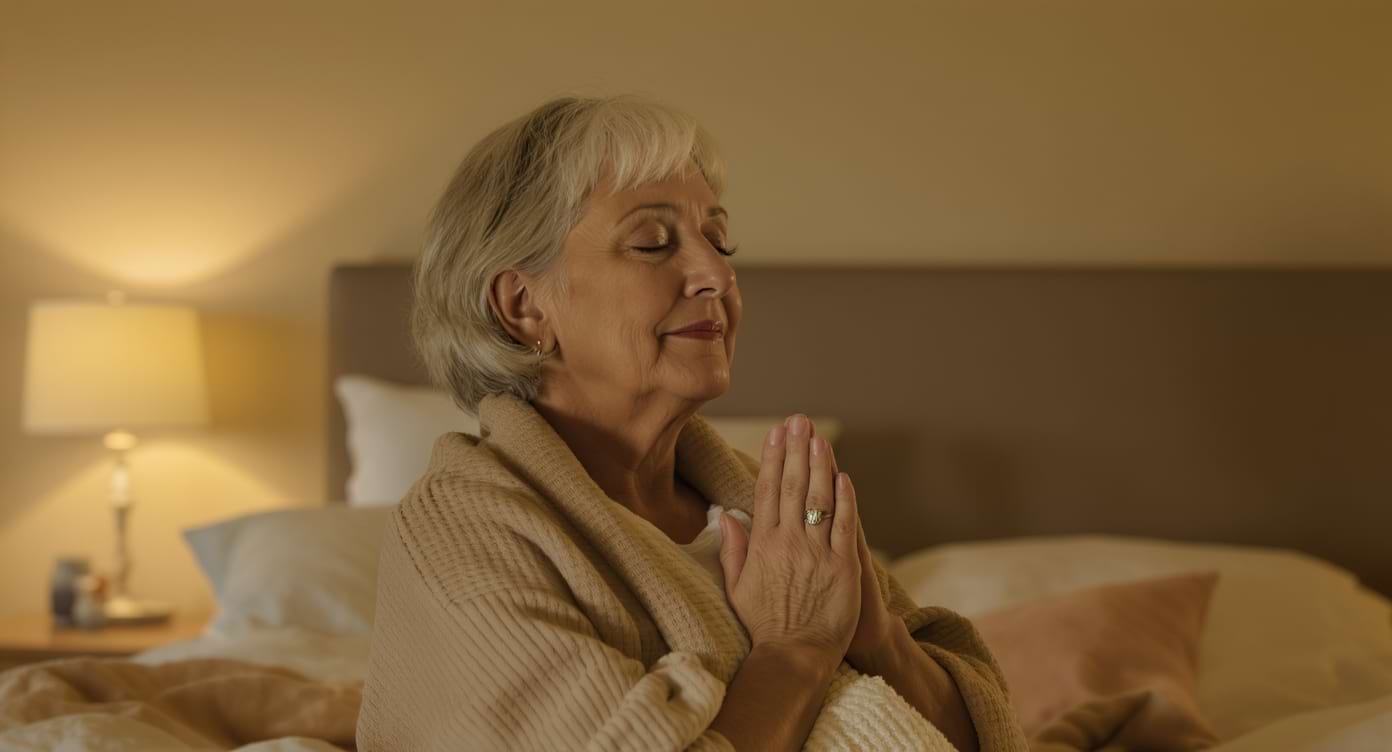 Femme pratiquant une respiration lente dans une chambre tamisée.