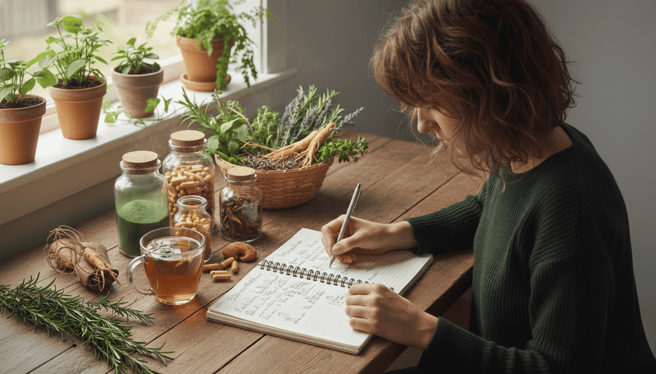 routine-memoire-plantes-notes Femme écrivant dans un carnet entourée de plantes, compléments naturels et tisane sur une table en bois.
