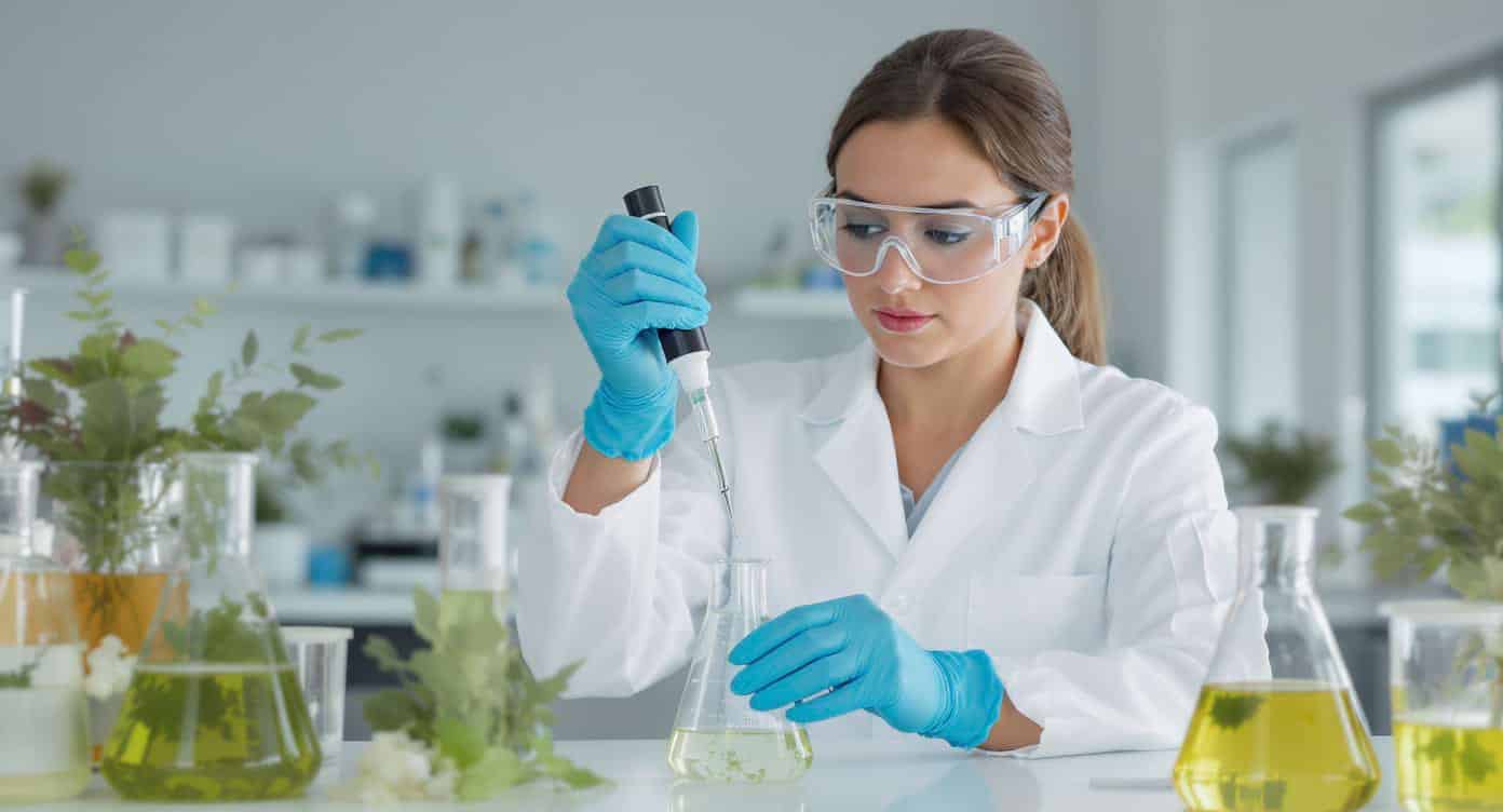 Scientifique analysant des extraits botaniques en laboratoire avec pipette et verrerie.