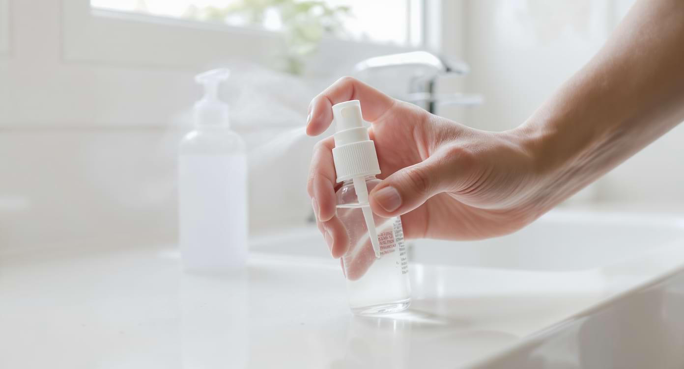 Flacon de sérum physiologique tenu à la main sur un plan de salle de bain lumineuse.