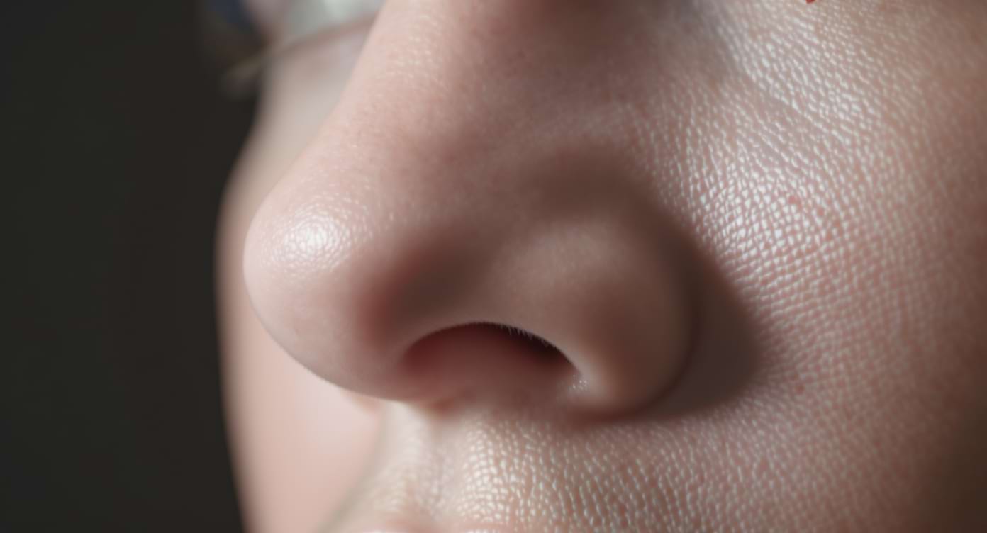 Gros plan de la zone nasale montrant une légère rougeur à l’entrée de la narine.